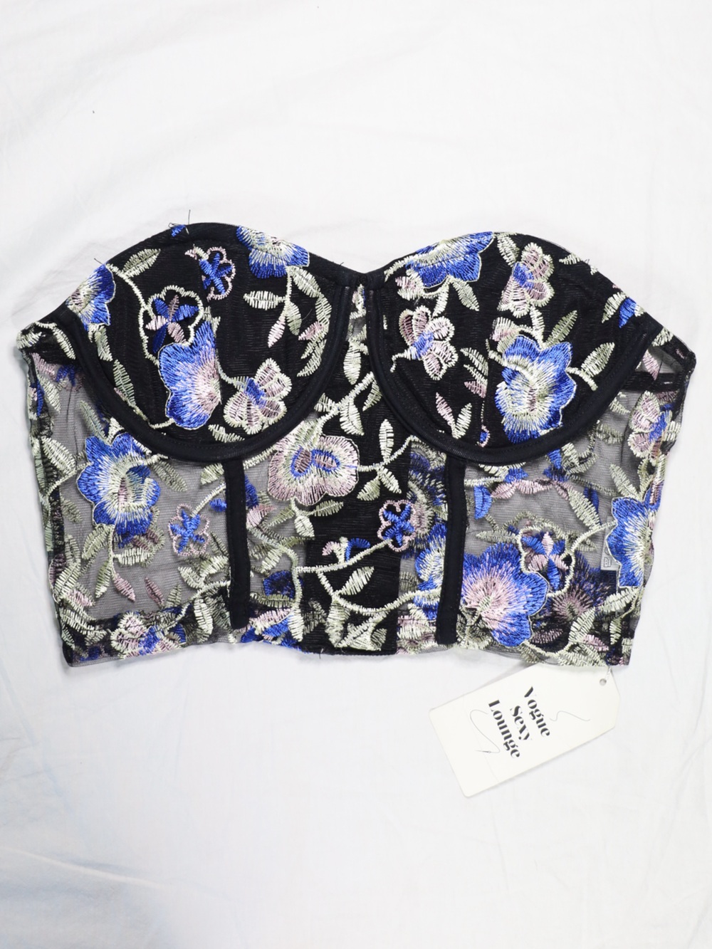 Bustier Mesh Top with Floral Embroidery | Black